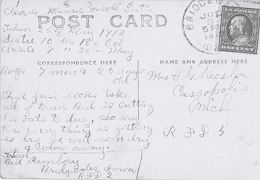 7. Back of postcard of Kembery children in Iowa.